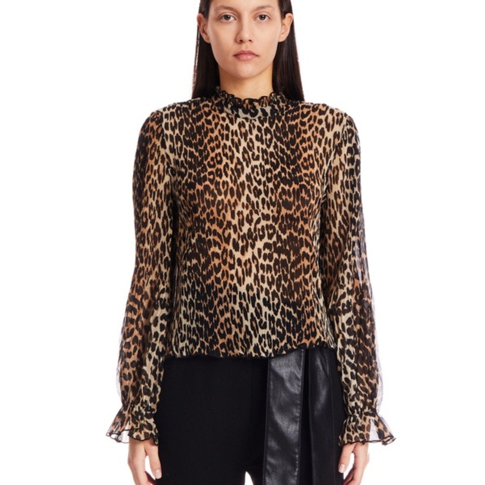 Ganni Animal Leopard Print Ruffle Blouse